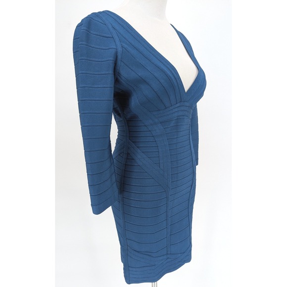Herve Leger Kahli Bandage Dress S Royal Blue V-Neck 3/4 Sleeve Bodycon Y2K Glam - Picture 5 of 14